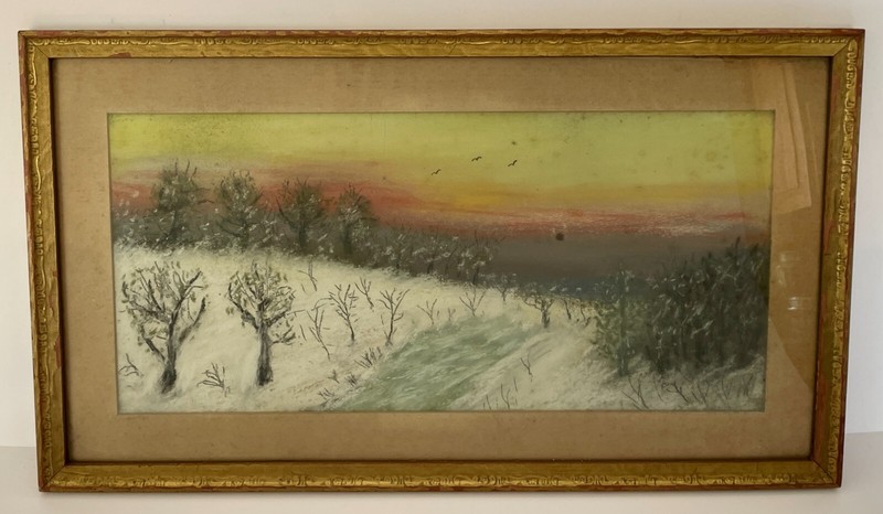 Charming Old Naive Pastel Winter Sunset in Original Frame 23″ x 13″ NR!
