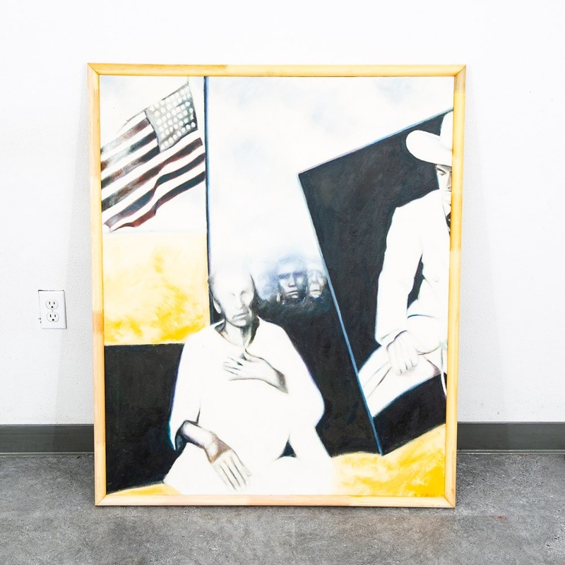 Mid Century Modern Painting Cowboy America Form Abstract Signed Large 38×46 Flag