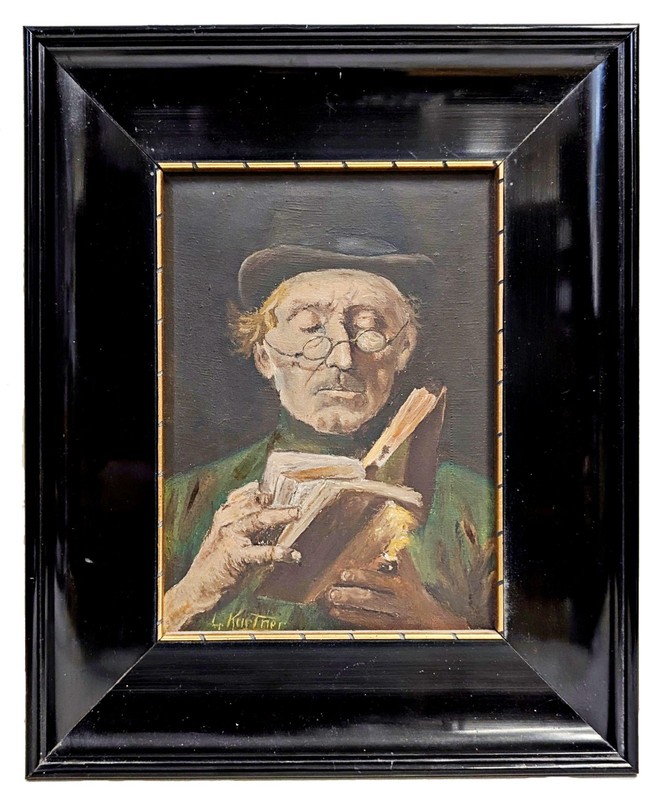 K. Th. Wagner Signed Portrait Oil Painting Framed “Reader Man” Glasses