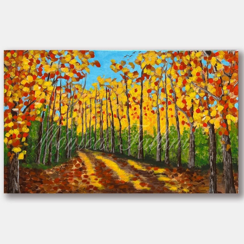 Landscape trees sunset path original painting 20 x 34 in by artist Fallini