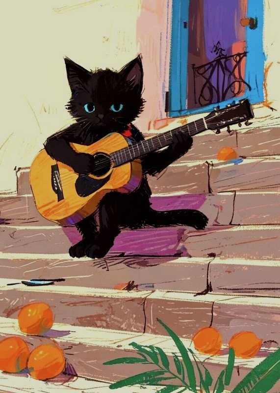 ACEO Mini *Art Print* Black Baby Cat Kitten Playing a Guitar/ Music by Saulite