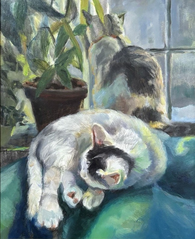 MQ923 Stretched Canvas Frame / Unframed Handmade Two Cats Oil Painting Art