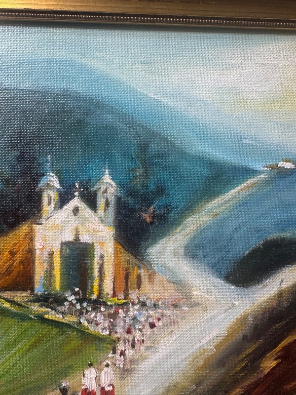Maria Teresa Feo De Oliveira "Procession Church" Oil Painting - Signed/Framed gallery