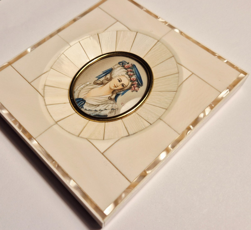C0575 - Antique Miniature Painting with Frame - Lady Portrait - 11.3 x 10.2 cm gallery