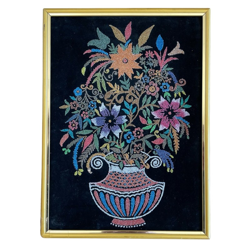 Vintage 1970s MC Vase Flowers Retro Sand Gravel Art On Black Velvet