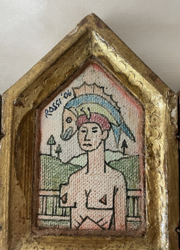 ROSSI Artist Man With Fish On Head Triptych Gold Frame 2.5 Inches Original