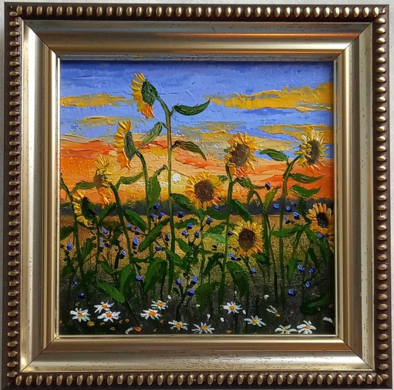 Oil Painting Sunset Landscape Sunflowers Summer Nature Framed Wall Art 4 x 4 in