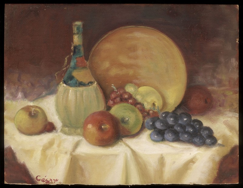 1960s Still Life Oil on Board Wine Bottle, Apples, Grapes, On Table signed César