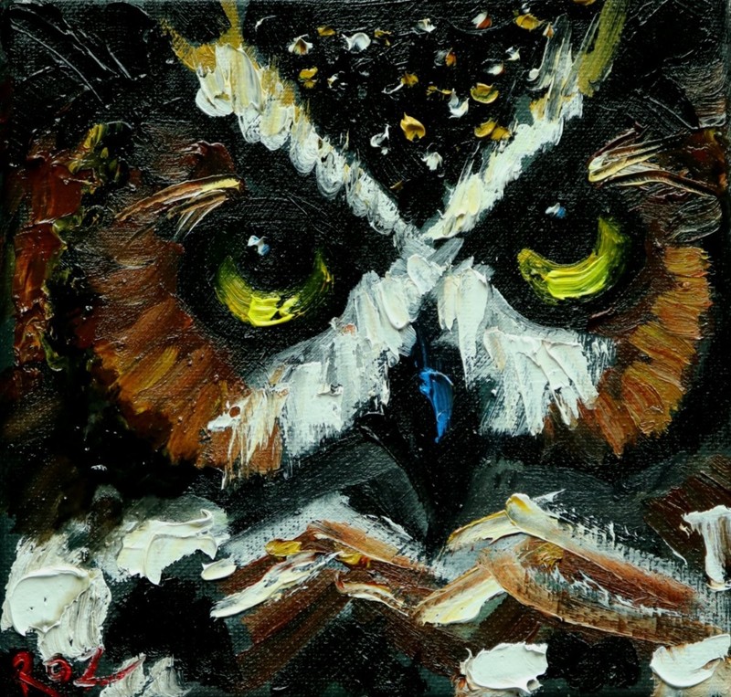 Owl #178 – 6×6″ original bird oil painting by Roz