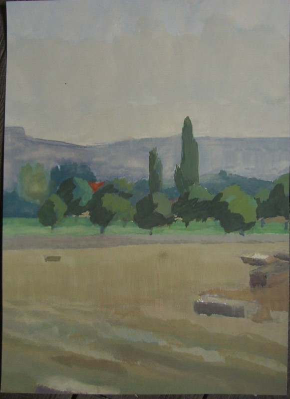 Gouache Mediterranean Landscape Cypresses Fields °Vewrso Designated Antique