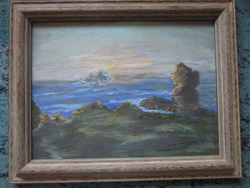 VINTAGE sunset original hand painted oil PAINTING by V rocky beach ocean