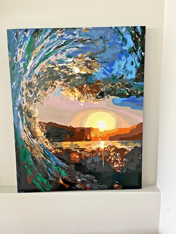 LARGE COLORFUL NUMBERED PAINTING-BEACH WAVE SUNSET-Handpainted Art unframed