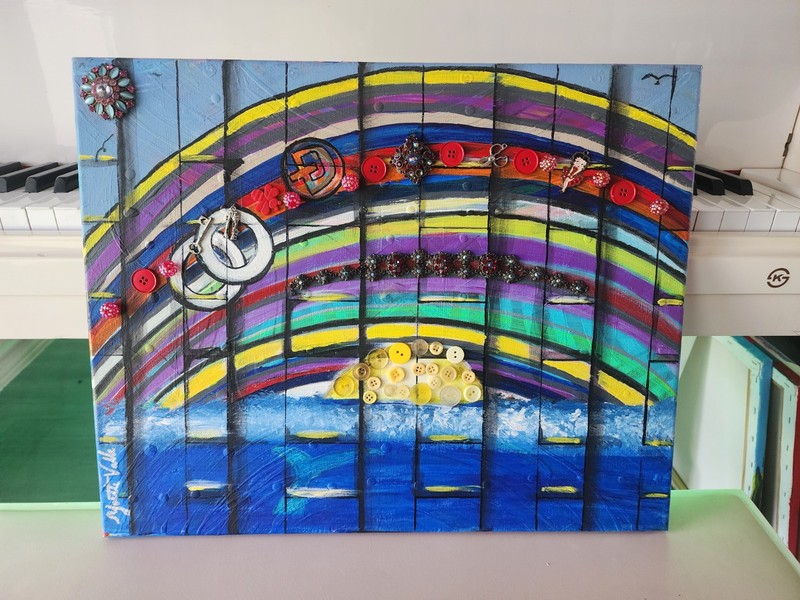 Rainbow beautiful Abstract Acrylic Mix Painting OAK signed Yvette V. 16×20🌈