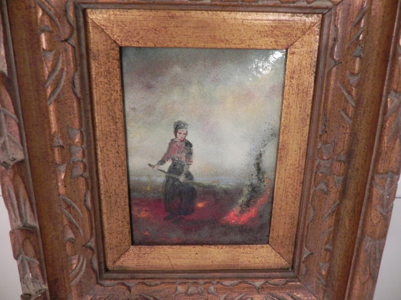 Art Painting Girl next to Fire in Field in Ornate Wood Frame ,Enamel or Acrylic? gallery