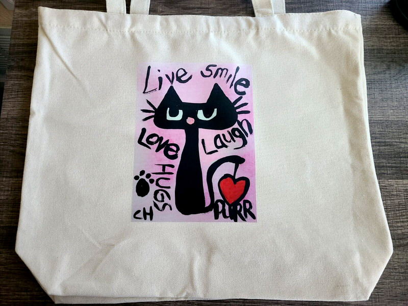Brand NEW NOT ACEO CANVAS LIVE LAUGH LOVE CAT IRONON TOTE BAG 16x13x4″ 2000-now