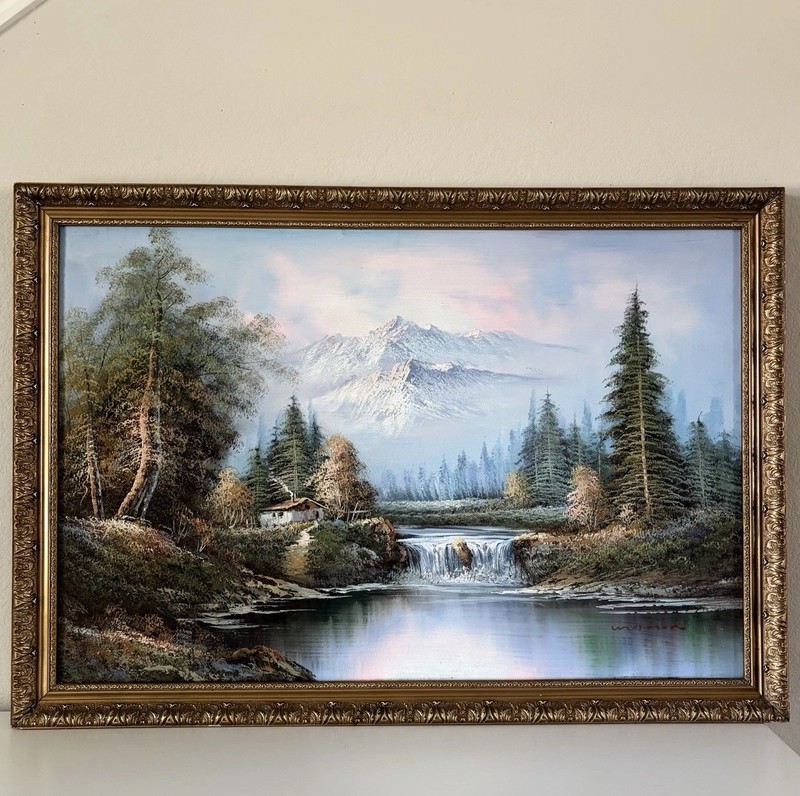 Vintage Framed Original Landscape Art Painting Cabin Mountains Forest River