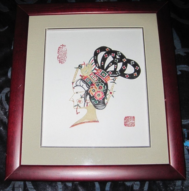 Asian mixed media framed and matted painting on cut paper