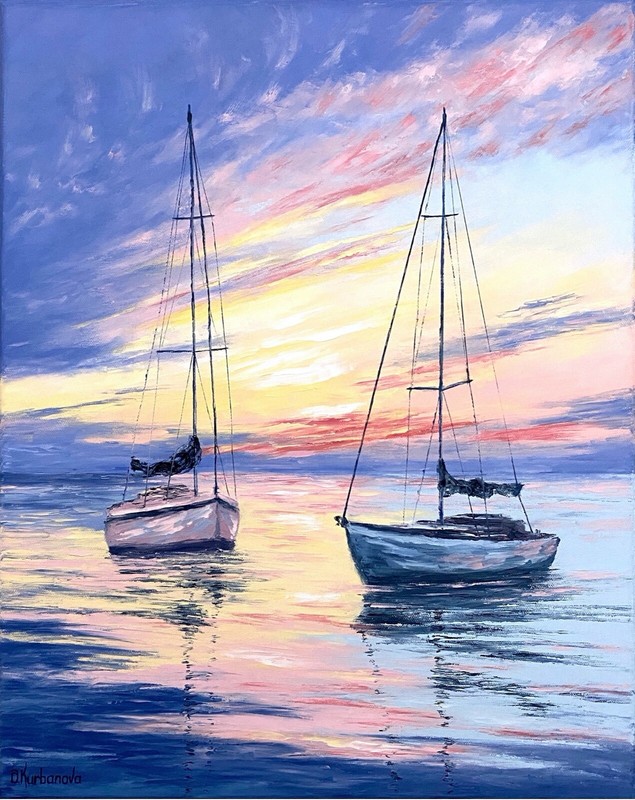 Sailboat Sunset Oil Painting Original Harbor Impasto Nautical Seascape Wall Art
