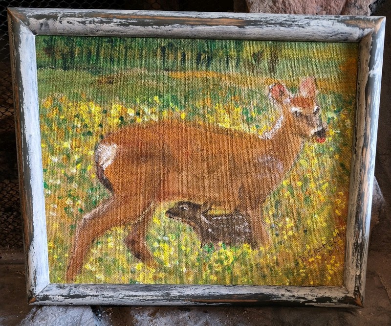 BEAUTIFUL DOE & FAWN DEER PAINTING WITH DISTRESSED FRAME15 1/2″ WIDEX12 1/2″TALL