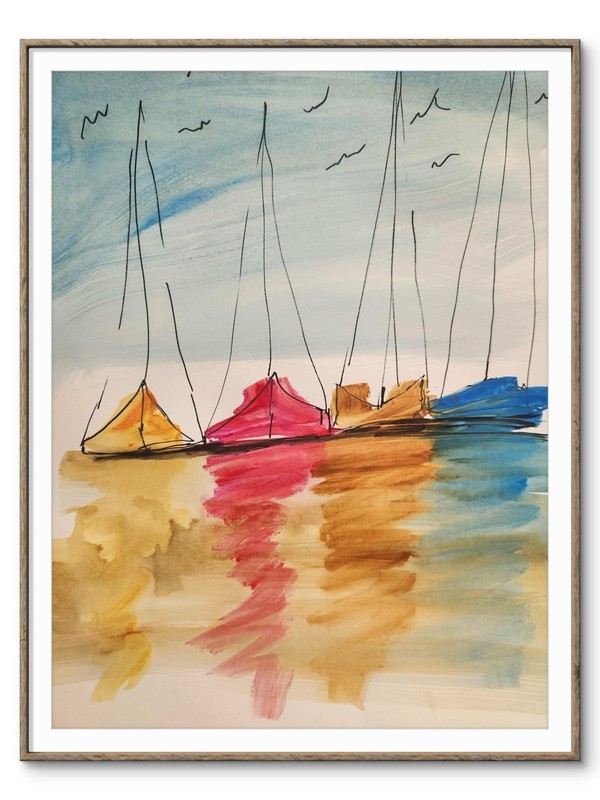 Abstract Boats Impressionistic Original Wall Art 14X11 Mixed Media Paper