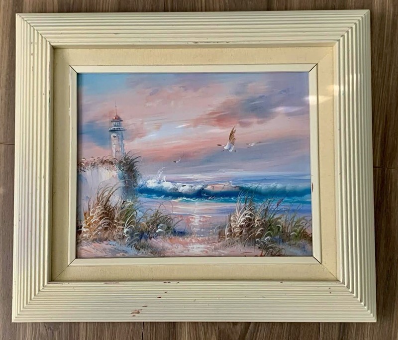 Original Wood Framed Joyce(?) Lighthouse Seascape Oil Painting On Canvas 13”H
