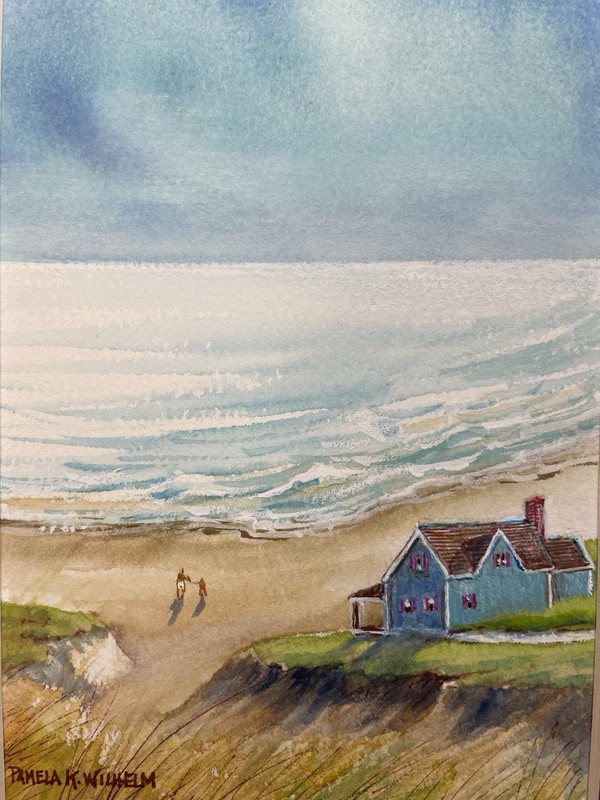 Original Pamela Wilhelm 5x7” Watercolor Matted To 8”x10” Beach House Stroll gallery