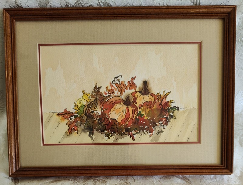 Local Artist Signed Original Water Color Pumpkins by Billie Raines Vintage 1970s