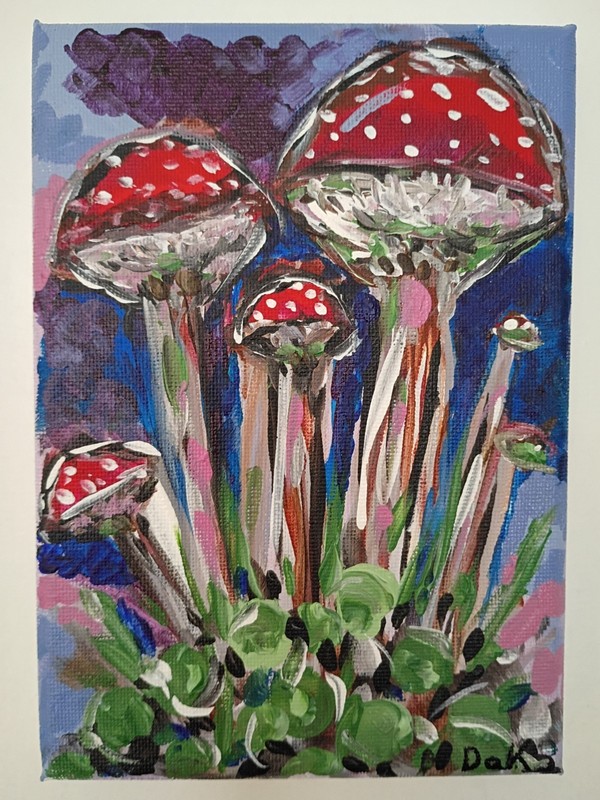 Trippy Mushrooms 5x7 Canvas Original Art Purple Red Abstract Hippie Retro gallery
