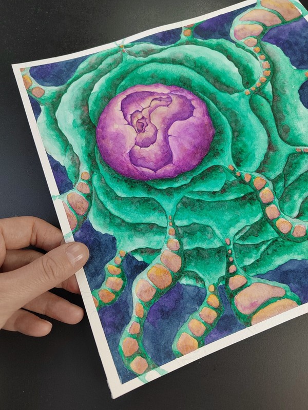 Original Abstract Cosmic Watercolor – Purple Core, Green Energy, 9.8x9.8 in gallery