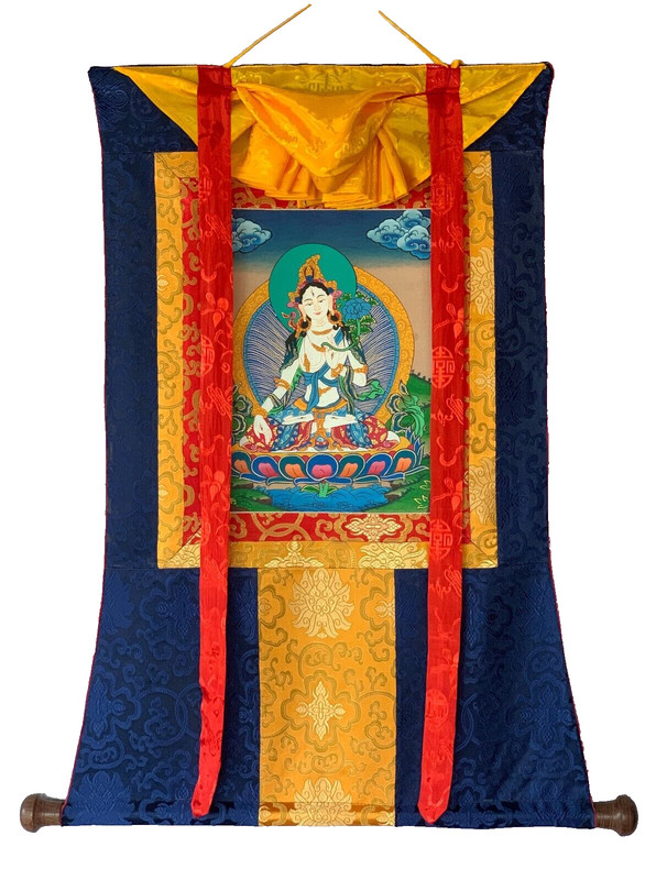 WHITE TARA / MOTHER GODDESS ORIGINAL TIBETAN THANGKA PAINTING WITH SILK BROCADE