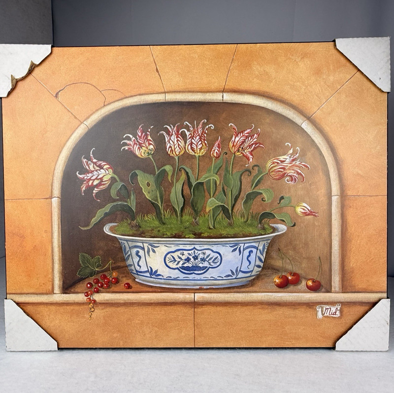 Stunning Trompe L’oeil Wood Panel Still Life – Parrot Tulips in Chinoiserie Bowl