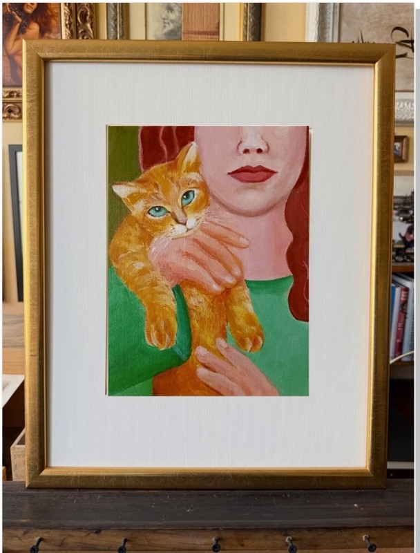 Original painting canvas signed "Red Happiness" portrait woman. portrait animals gallery