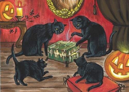 5X7 PRINT OF PAINTING RYTA HALLOWEEN DYBBUK BOX BLACK CAT HAUNTED SPIRIT art 🍁