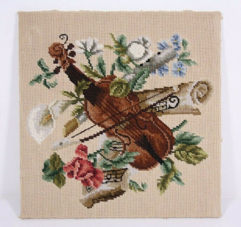 Hand Stitched 14” Needlepoint Victorian Style Still Life Violin Flowers on Board