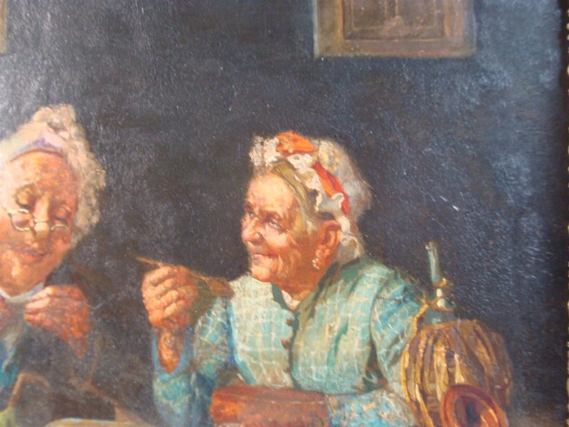 Antique 19C Couple at Table W/ Wine Interior O/B Painting gallery