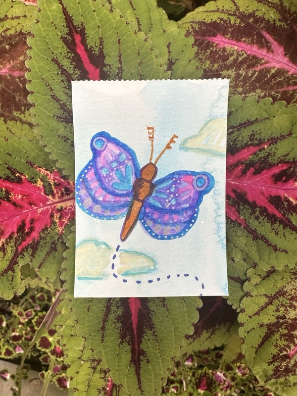 ACEO original Blue Butterfly with clouds #1 (1/3) watercolor