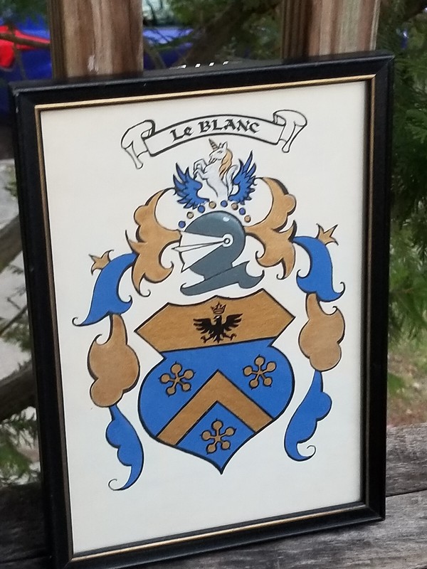VINTAGE FRAMED BLAZON OF ARMS LE BLANC COAT OF ARMS UNICORN 10 5/8″ X 7 5/8″