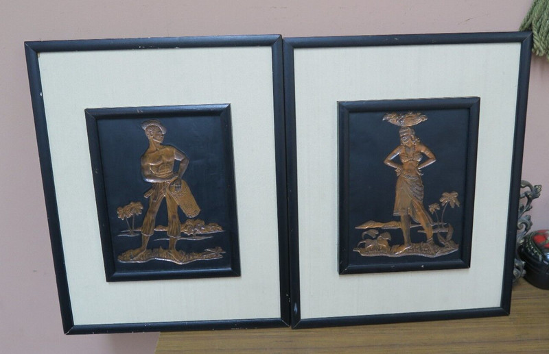 SET @ 2 VINTAGE COPPER RELIEF EMBOSSED CARRIBEAN MAN WOMAN PICTURE – FRAMED