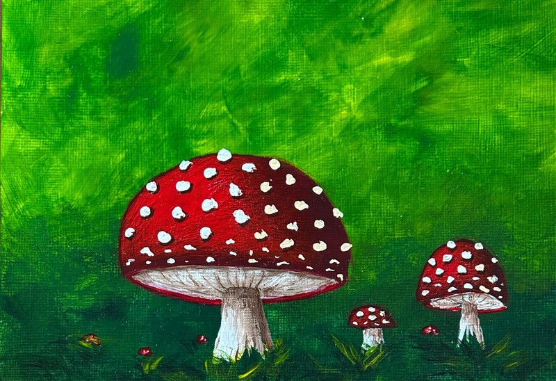 Small Original Acrylic Hand Painted Red Mushroom Fungus Fungi Nature Fantasy Art