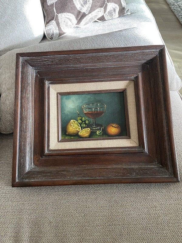Still Life with Apple, Grapes And Wine, Oil On Board Art Signed Burns