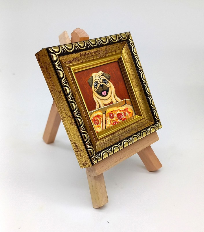 Pug with Pizza Oil Painting, Funny Dog Art, Miniature Framed Wall Decor, 2*2 in gallery