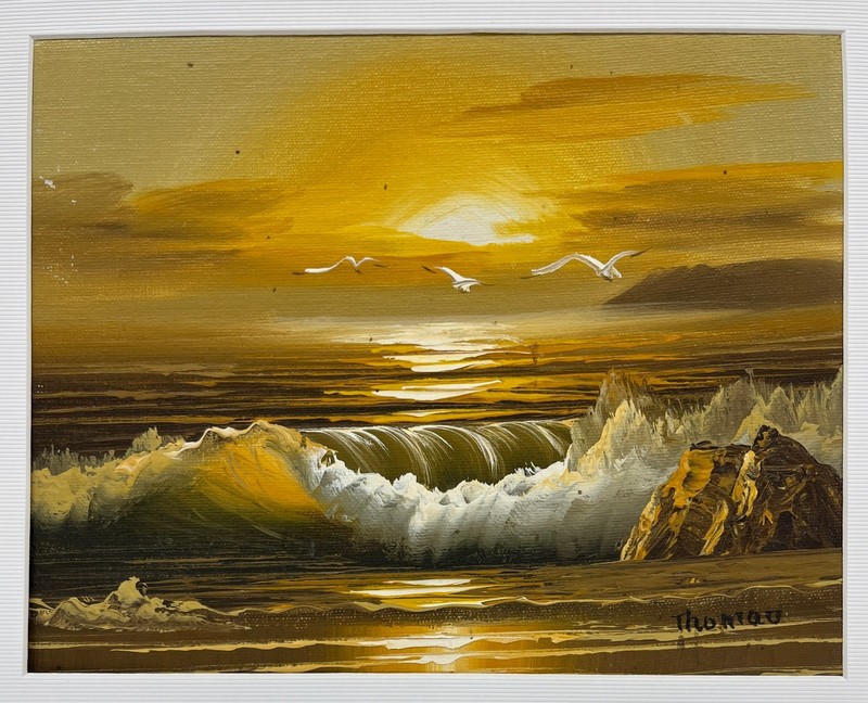 Vtg 8×10″ Original Beach Seascape Ocean Seagull Sunset Signed Painting on Board