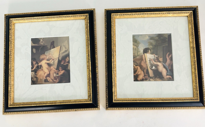 Vintage Set of 2 Cherubs Angels Picture Painting Golden Frame 9» x 10»