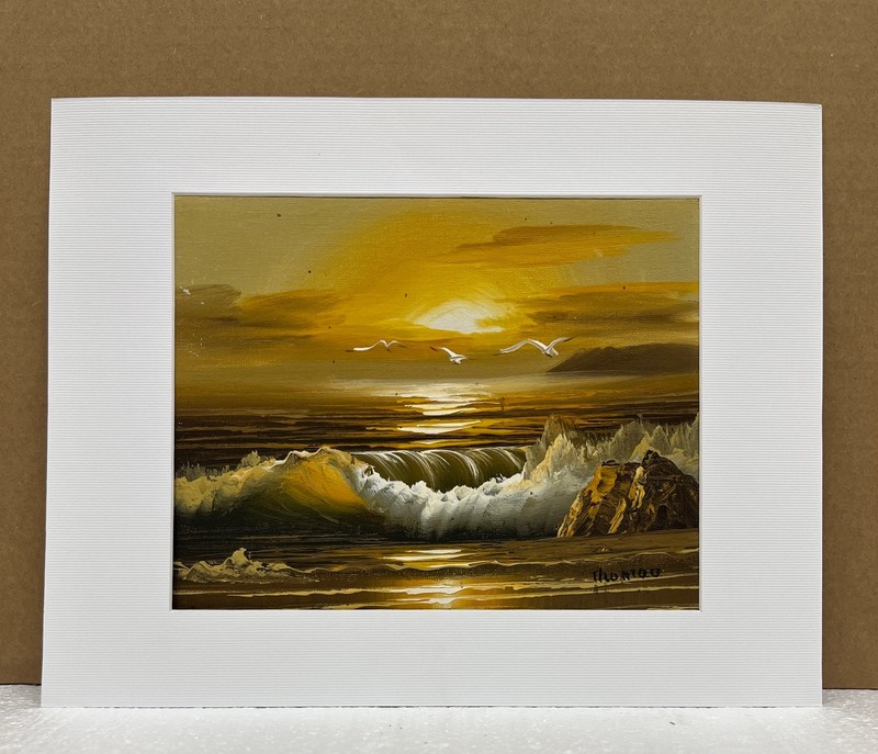 Vtg 8x10" Original Beach Seascape Ocean Seagull Sunset Signed Painting on Board gallery