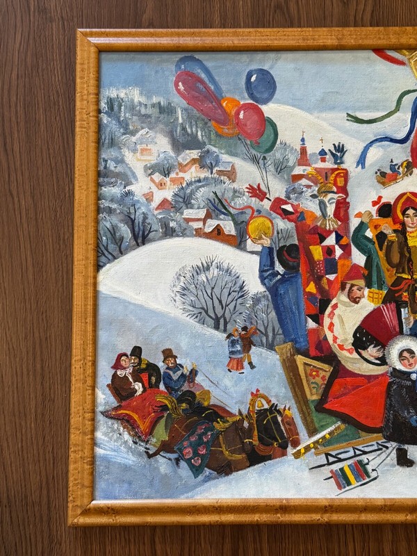 Vintage Slavic / Russian Folk Art Painting on Canvas Maslenista Celebration gallery