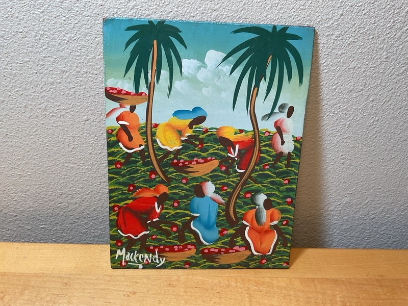 Folk Art Haitian Fruit Picking Tropical Scene Oil Painting on Board Signed