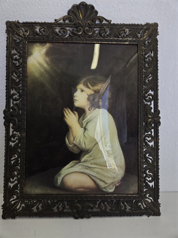 Vintage Art Print Infant Samuel In Prayer Ornate Brass Frame Convex Glass Italy