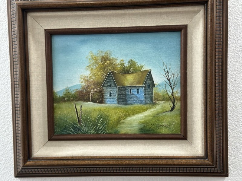 Original Oil On Canvas Painting Wood Frame Farmhouse Landscape Signed