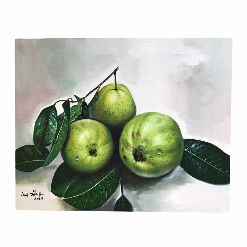 2008 Long Sinach Signed Still Life Green Apples Fruit Oil Painting 15″ By 19″