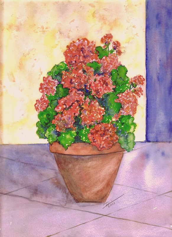 Beautiful Red Flowers in A Pot, Colorful and Unique Watercolor Painting, 12″x9″